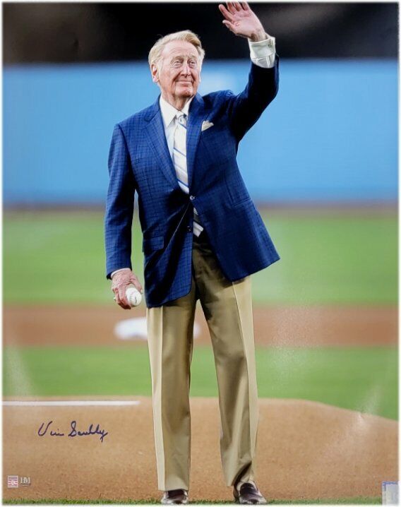 Vin Scully Signed Autographed 16X20 Photo Poster painting In Suit at Dodgers Stadium JSA COA