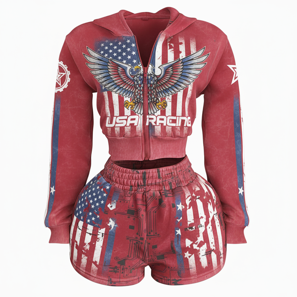 American Retro USA Stars And Stripes Short Hoodie Set - Helixace