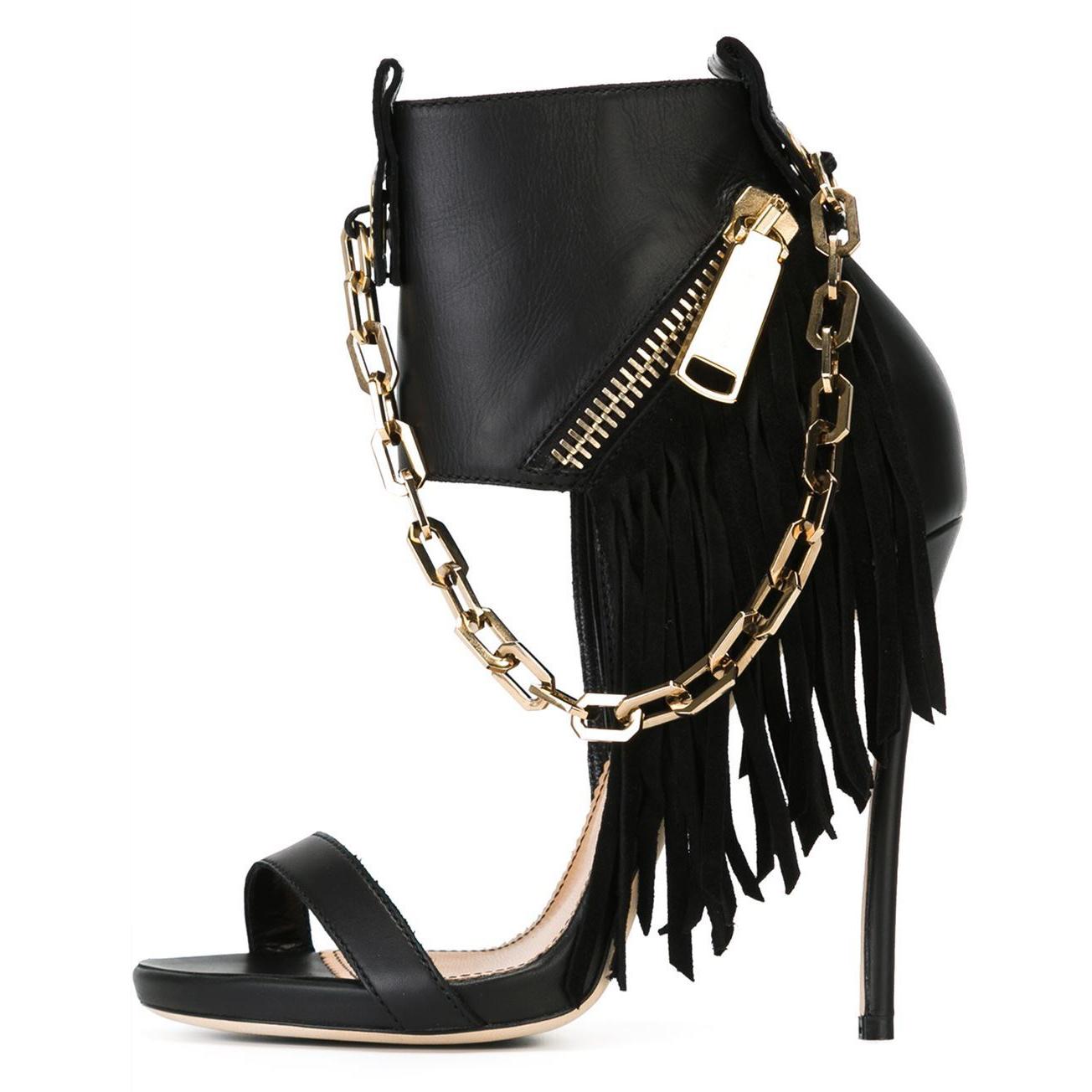 Stylish Black Open Toe Ankle Cuff Fringe Heeled Sandals with Chains