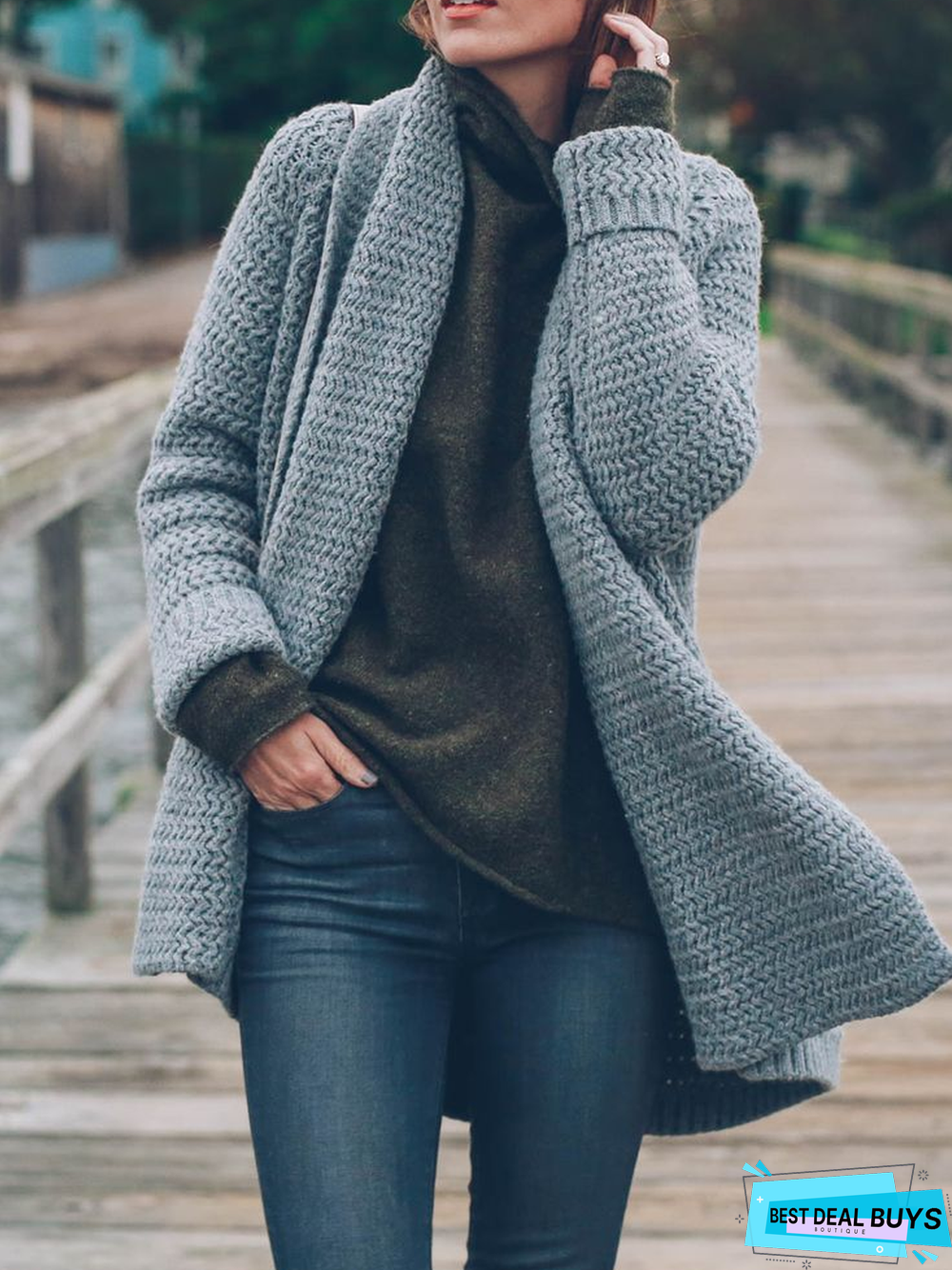 Gray Cotton-Blend Plain Long Sleeve Paneled Cardigan