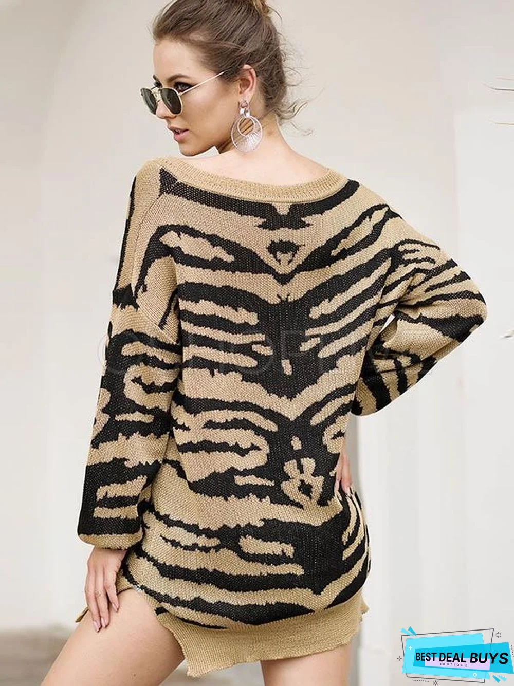 Printed Slit Long Sleeve V-Neck Sweater