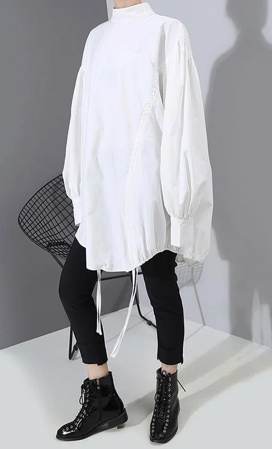 Lantern Sleeve Woman Casual Style Black White Hipster Blouse Shirt