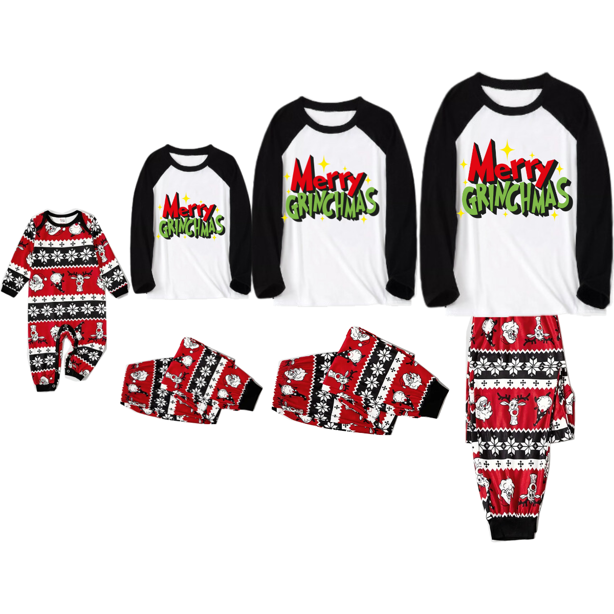 "Merry Grinchmas" Two-Tone Lettering White Top with Black Sleeves and Red & White Striped Pants with Snowman and Snowflake Print Family Matching Pajamas