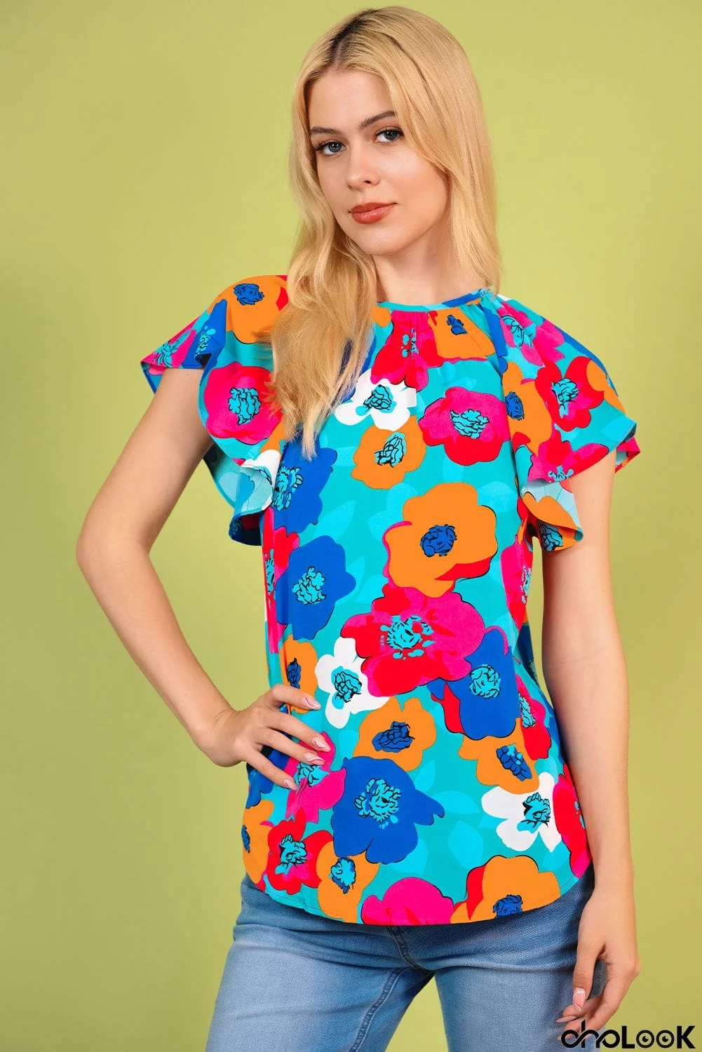 Floral Round Neck Tied Blouse