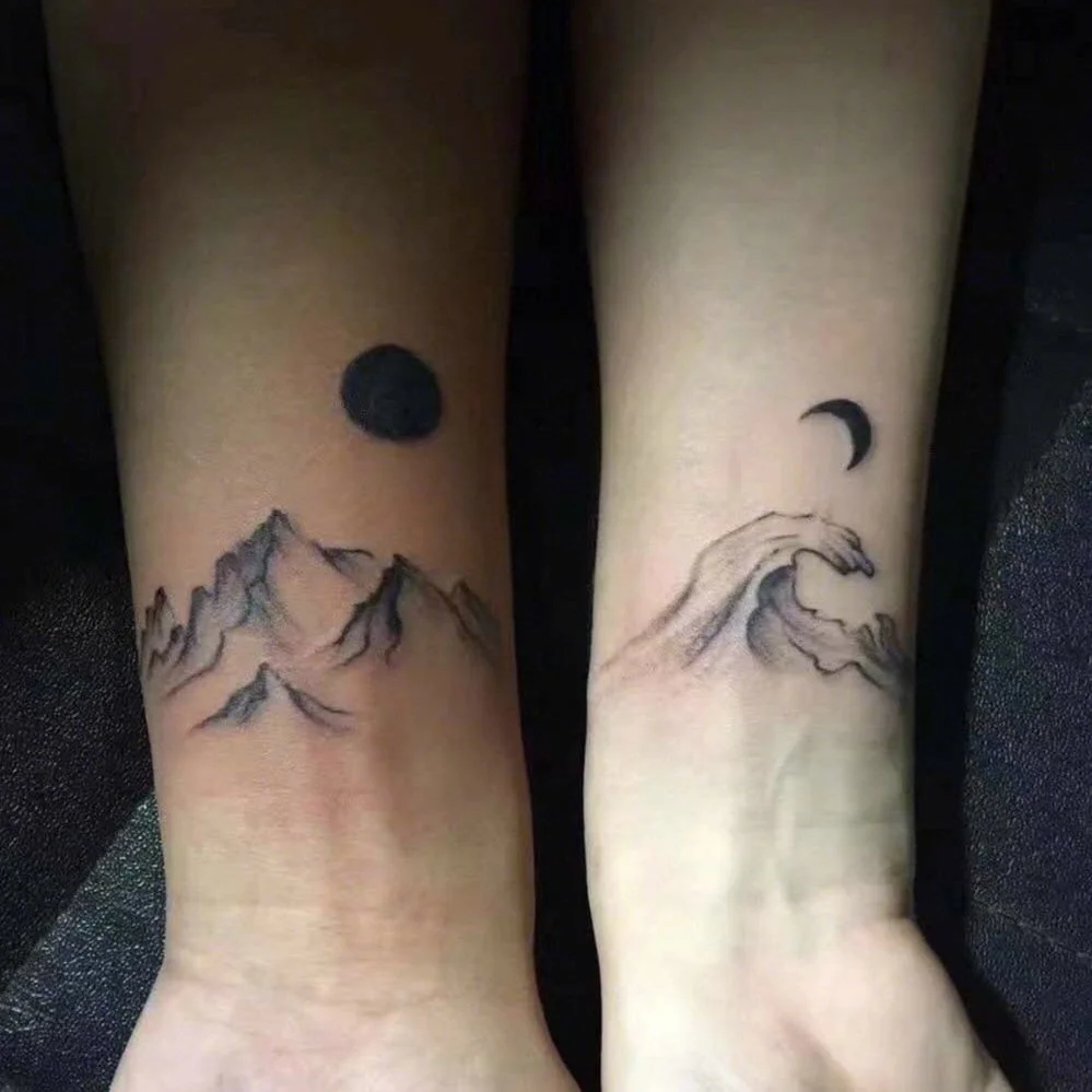 Mountain River Sun Moon Lover Fake Tattoo Stickers For Women Men Waterproof Temporary Tatto Body Waist Art Decals Water Transfer