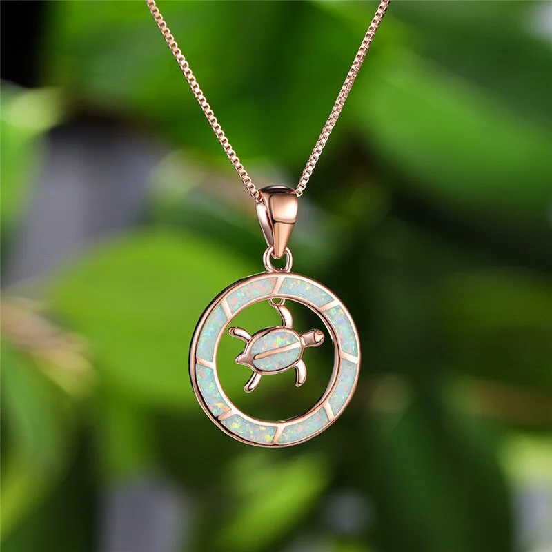 Cute Female Beach Turtle Pendant Necklace Rose Gold Silver Color Chain Necklaces For Women Classic Round Opal Wedding Necklace