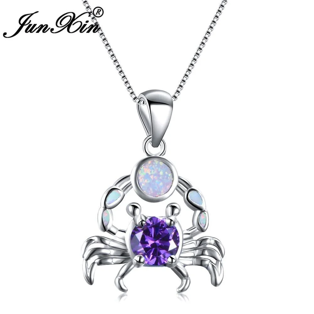 JUNXIN White/Blue Fire Opal Cute Crab Pendant Necklace For Women Silver Color Filled Animal Jewelry Fashion Birthday Gift