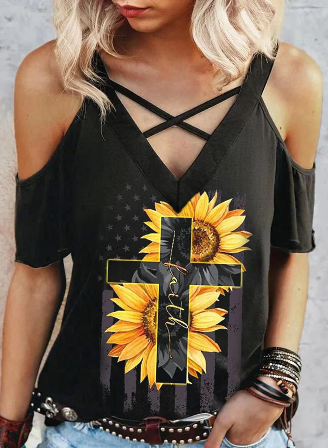 Buzzdaisy Women's T-shirts Sunflower Print Cold Shoulder T-shirt