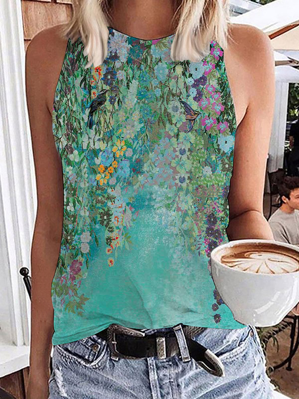 Elegant Floral Art Print Round Neck Tank Top wearshes