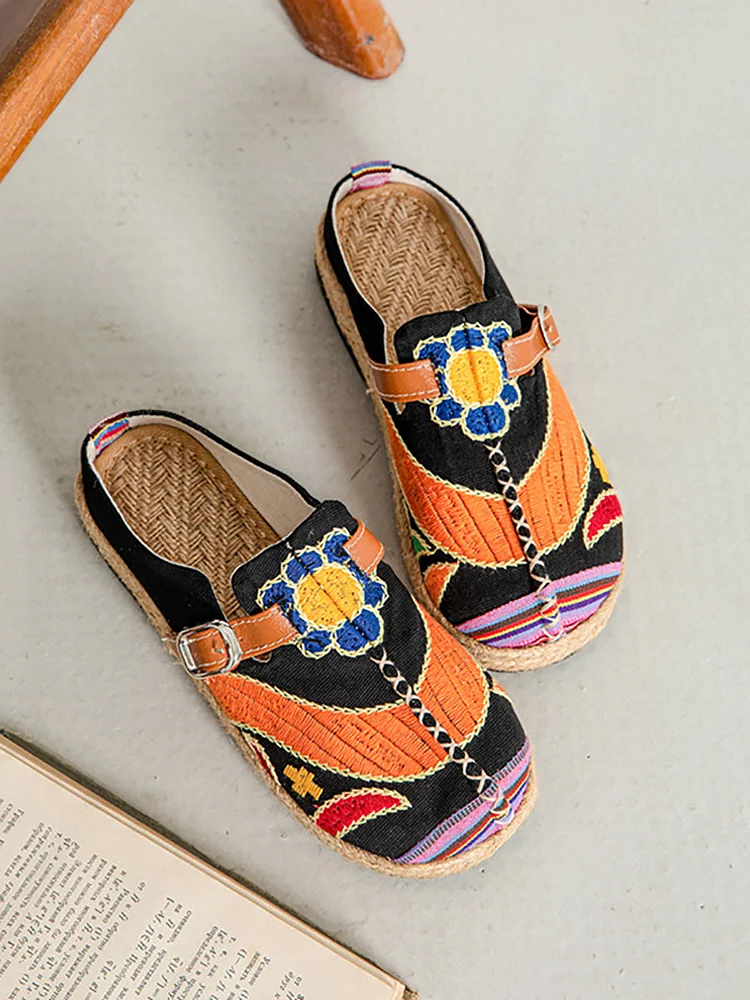 Women's shoes in embroidered ethnic summer fabric.