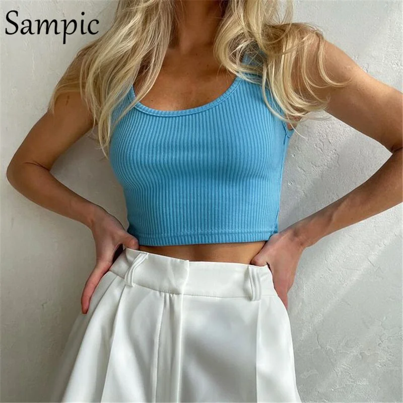 Sampic Casual Green Knitted Summer T Shirt Tops Skinny Basic Mini Strap Crop Tops 2021 Fashion Y2K Streetwear Club Sexy Tank Top