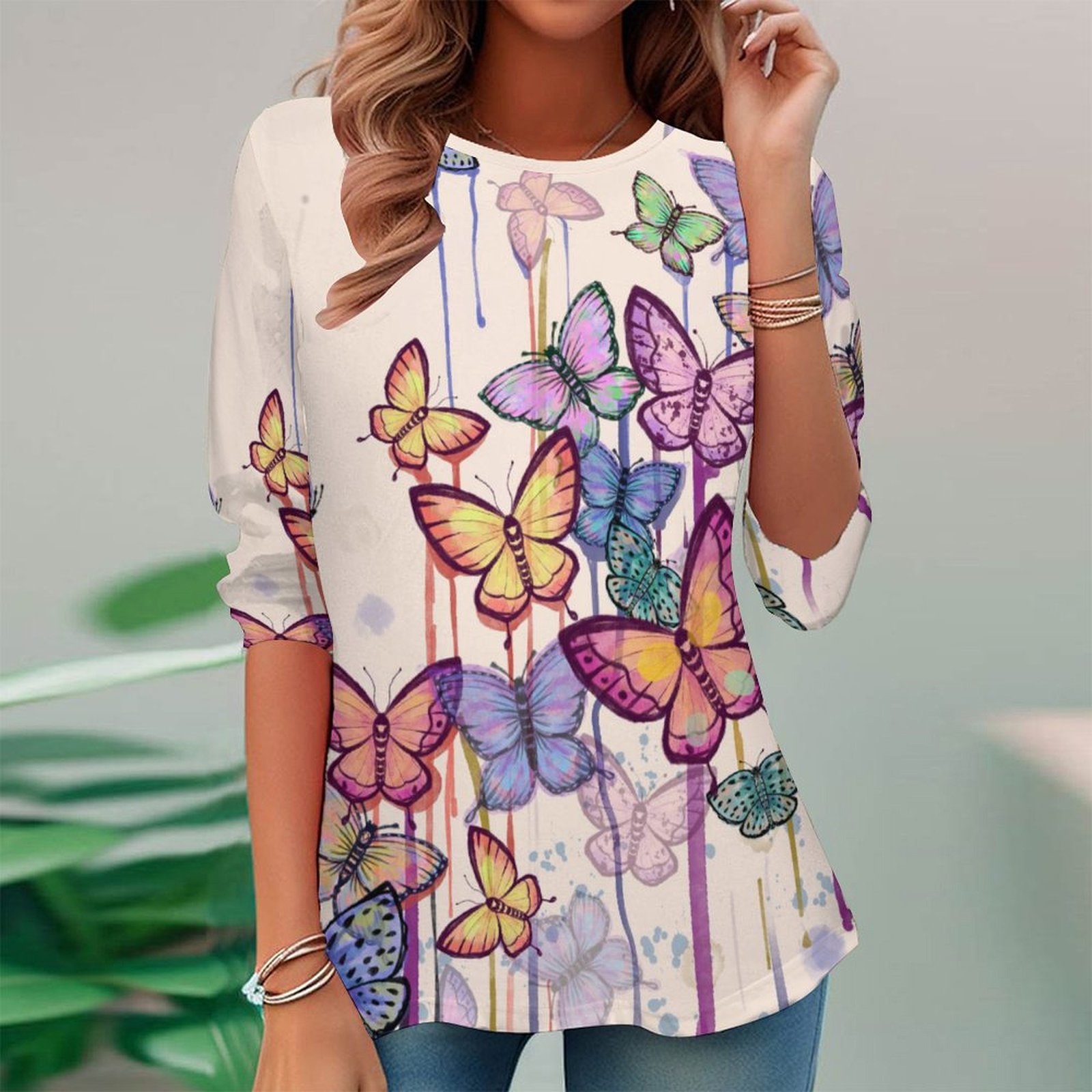 Women Long Sleeve V-neck Graphic Floral Printed Top