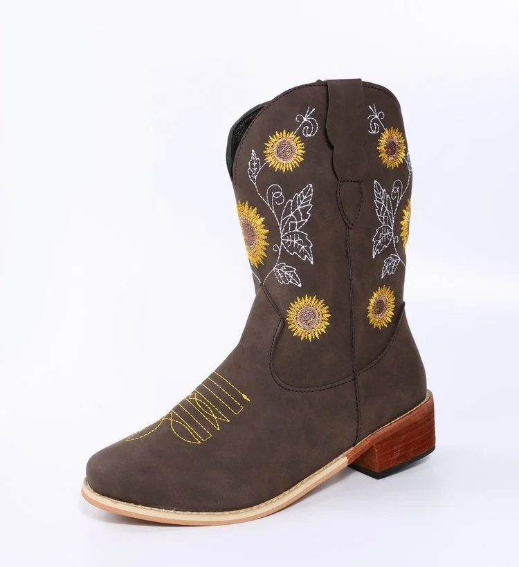 Women's Boots Sunflower Embroidery Rider Boots Cowboy Boots