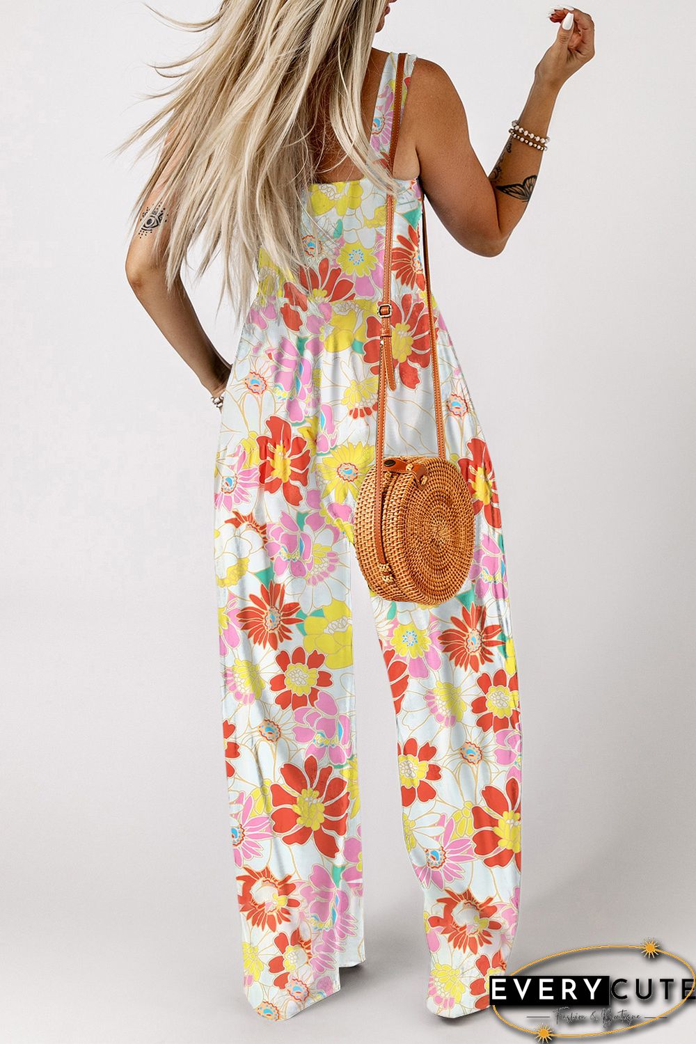 Multicolor Floral Print Shirred Sleeveless Wide Leg Jumpsuit