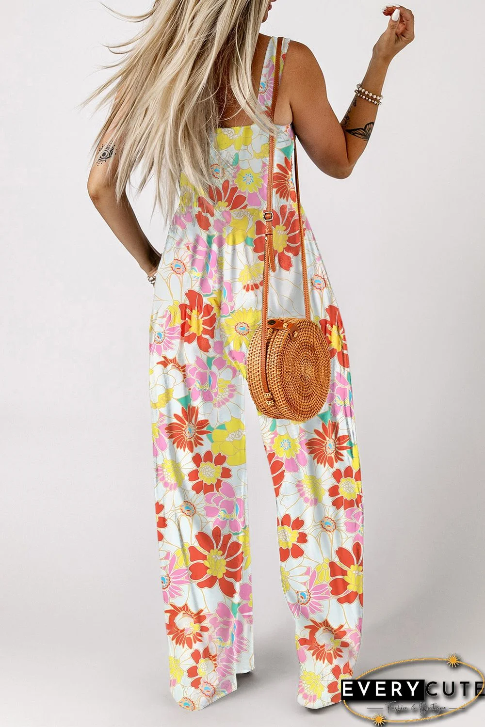 Multicolor Floral Print Shirred Sleeveless Wide Leg Jumpsuit