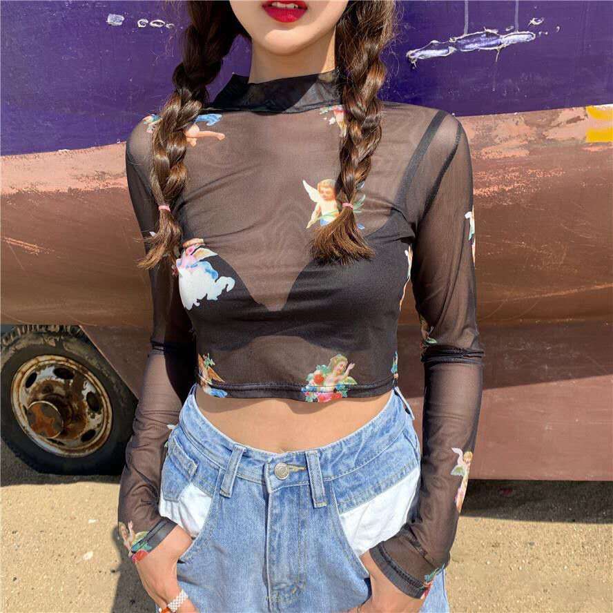 Llyge  New Angel Print Sheer Blue Black Mesh Long Sleeve Blouse Shirts Women Summer Autumn Pullovers Elegant  See Through Tops llyge