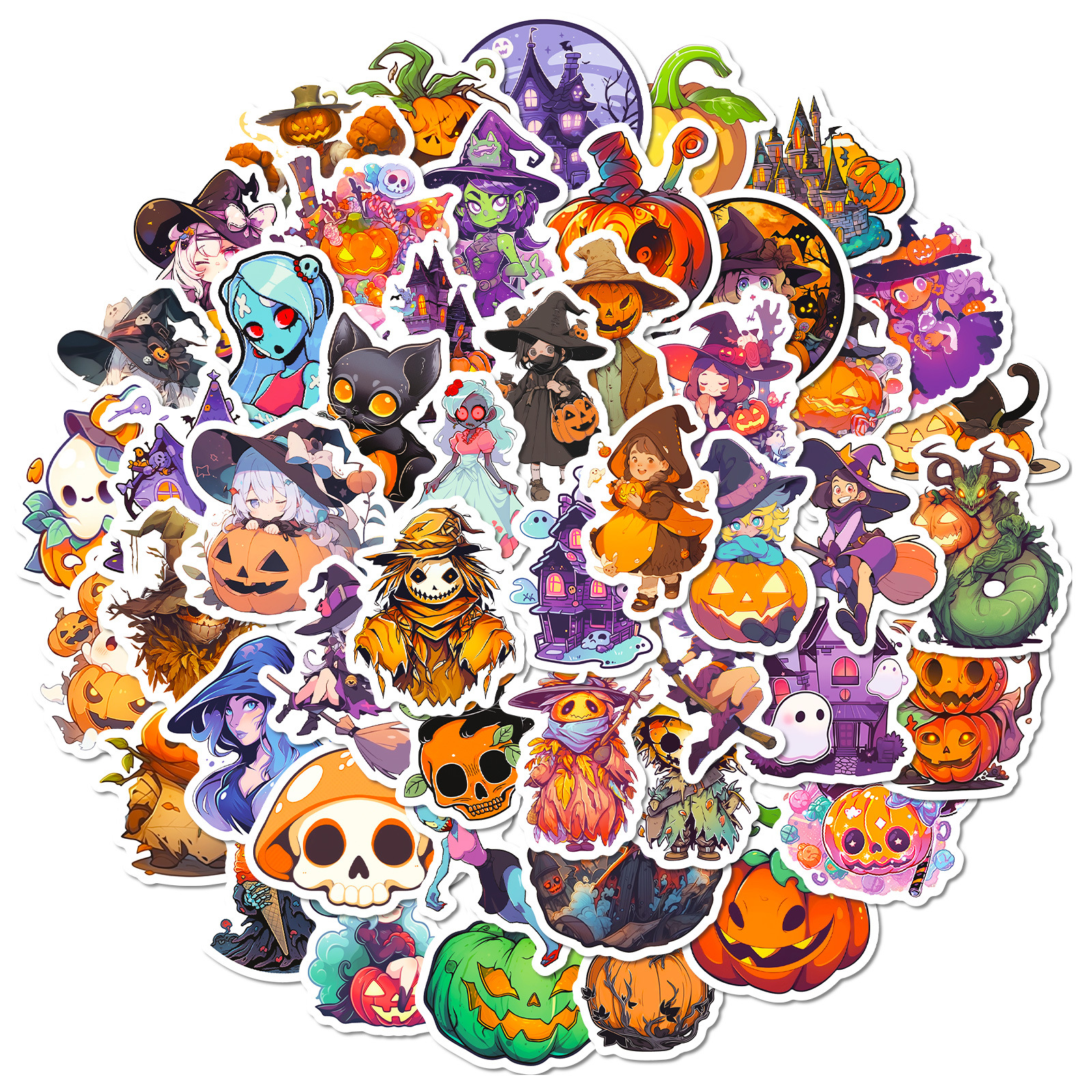 50pc Kids Halloween Sticker Set: Cartoon Ghosts,  Witches & Bat Decals