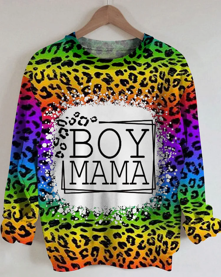 Boy Mama Leopard Print Round Neck Long Sleeve Sweatshirt