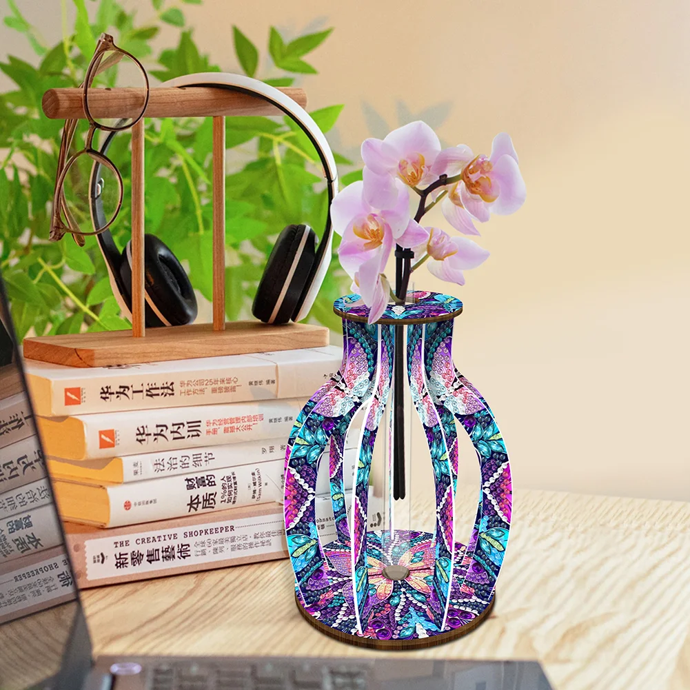 DIY Wood Butterfly Diamond Painting Flower Vase Ornaments for Home Office Decor
