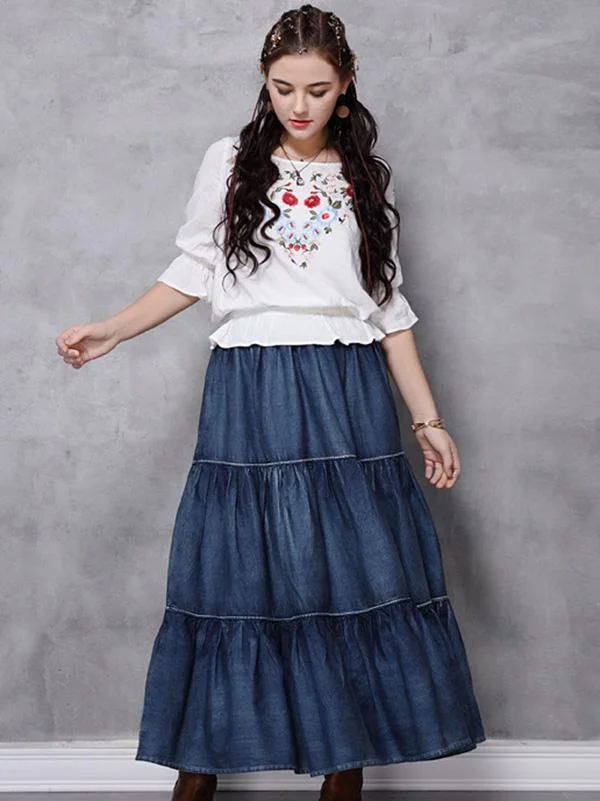 Vintage Splicing Pleated Jean Skirt