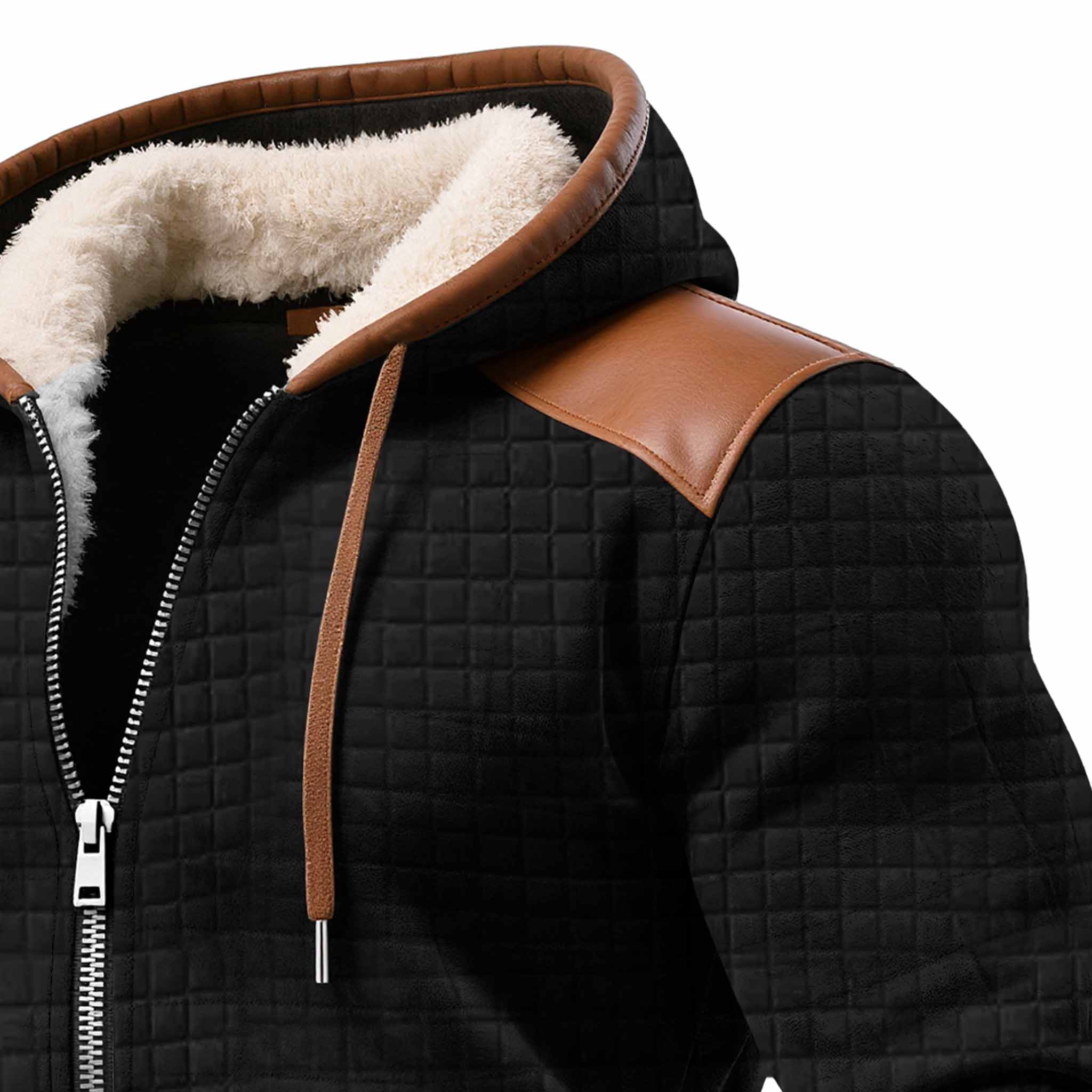 Men's Vintage Black Quilted Plaid Waffle Panel Leather Fleece Hoodie Jacket