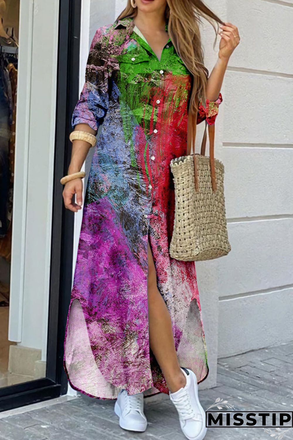 Lake Green Casual Street Print Patchwork Buckle Turndown Collar Shirt Dress Dresses