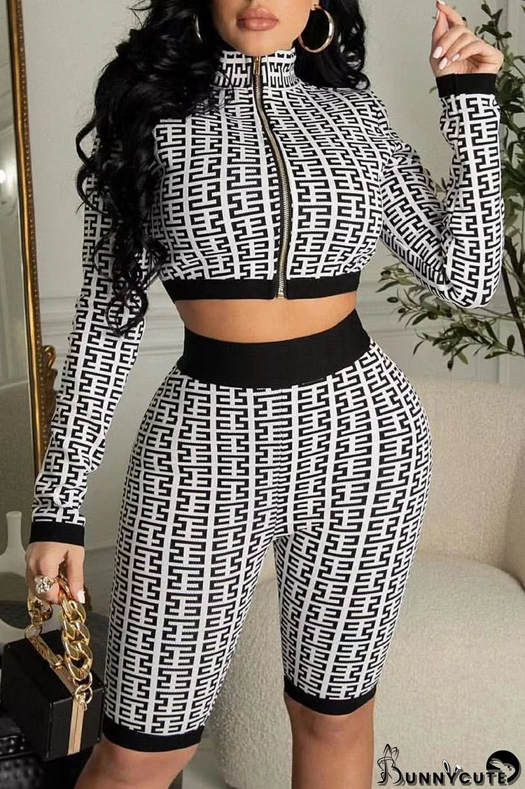 Black And White Fashion Casual Print Split Joint Mandarin Collar Two Pieces