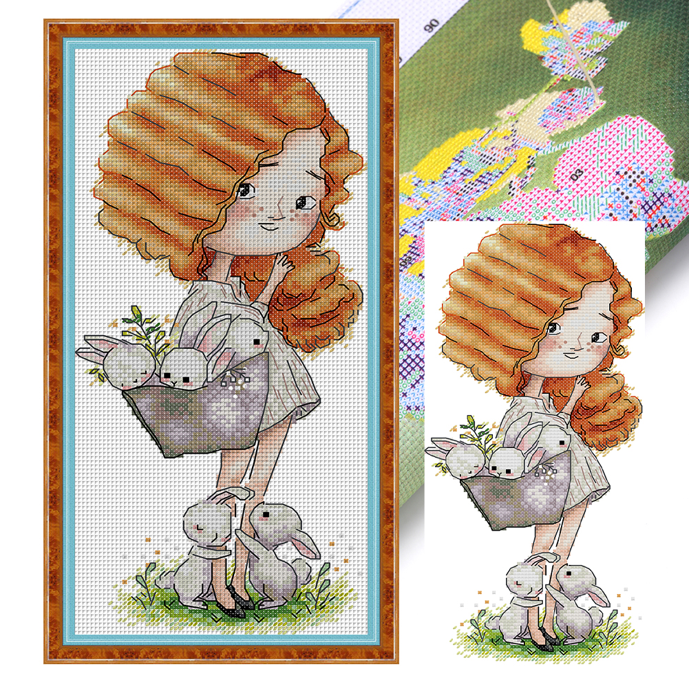 Girl And Bunny Partial 14CT Pre-stamped Canvas(16*32cm) Cross Stitch
