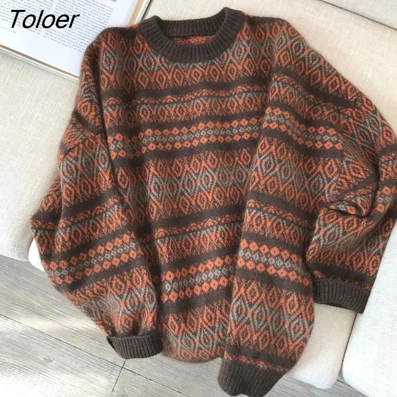 Toloer Pullover Patchwork Loose Lantern Long Sleeve Women Simple Knitted Sweater Elegant All-match Oversize Streetwear Clothes
