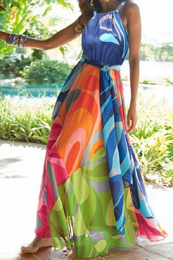 Womens Bohemian Sleeveless 3D Digital Print Dress-Allyzone-Allyzone
