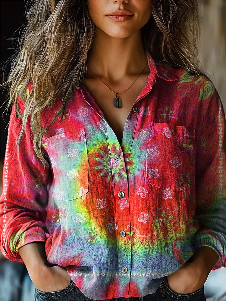 Women's Hippie Art Print Casual Long Sleeve Comfortable Cotton Shirt