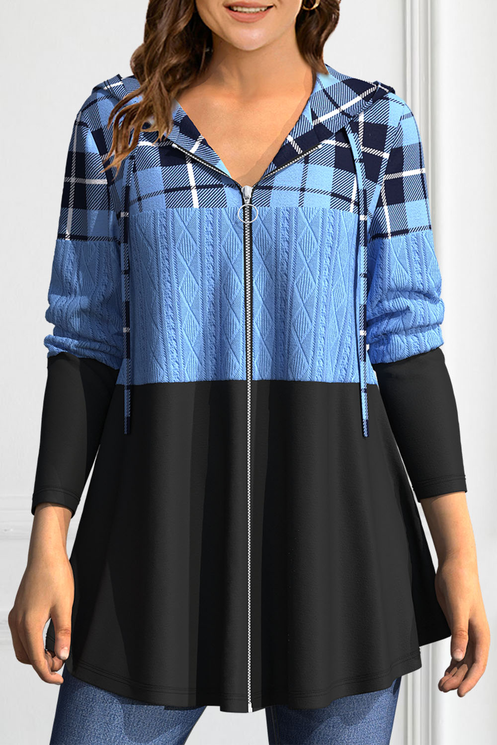 Flycurvy Plus Size Casual Blue Patchwork Plaid Zipper Hooded Sweatshirt 2024 - Flycurvy 