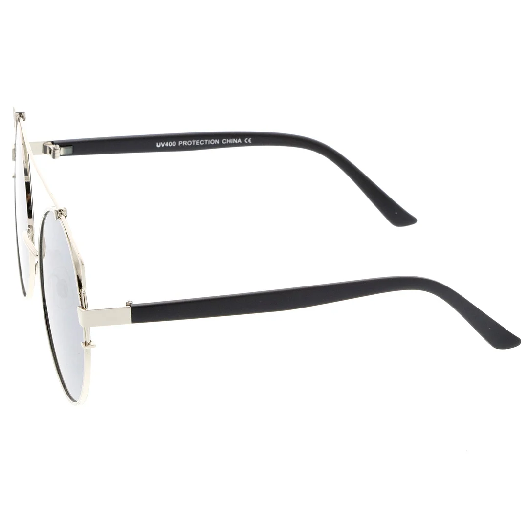 Oversize Metal Frame Horn Rimmed Crossbar Mirror Flat Lens Round glasses 62mm