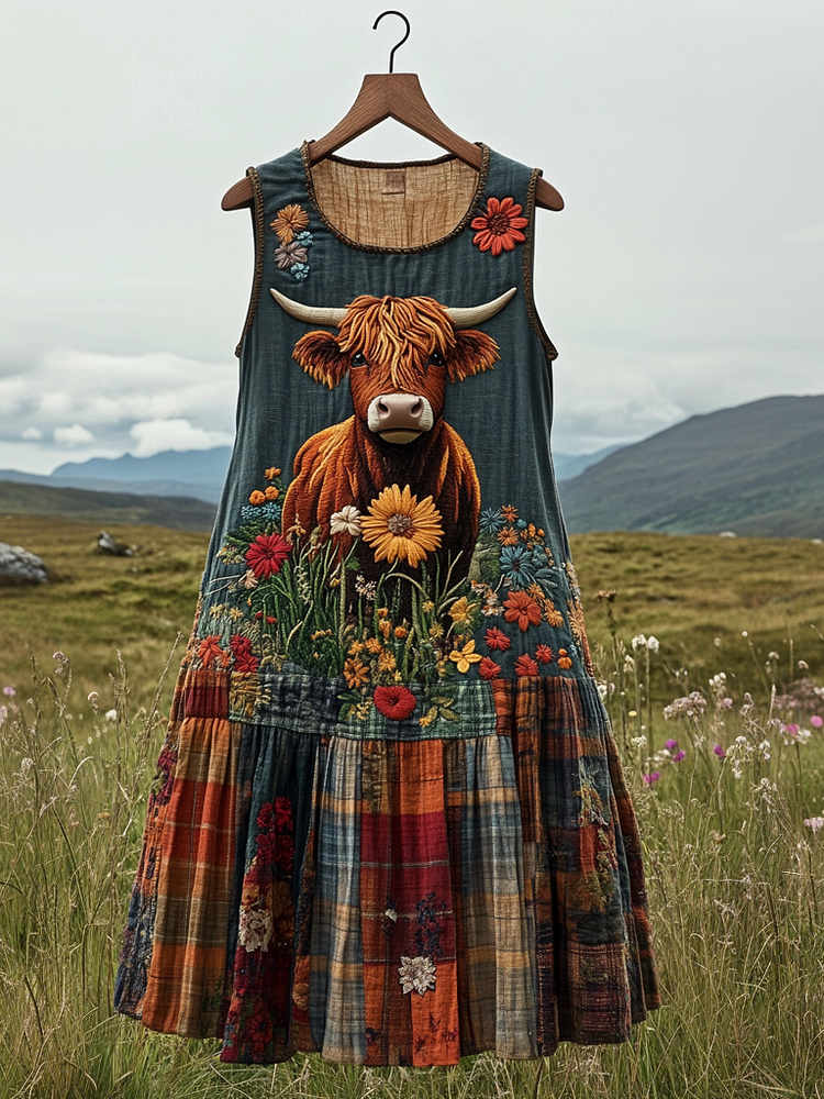 Vintage Floral With Highland Cow In Plaid Embroidered Cozy Linen Midi Dress