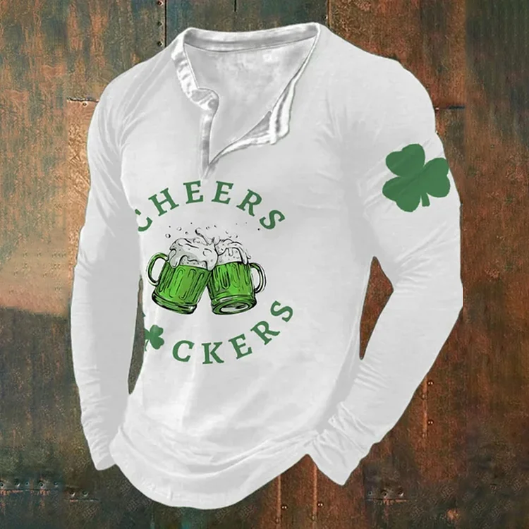 VChics Men'S St. Patrick'S Day Cheers Fuckers Green Beer Henley Collar Long Sleeve T-Shirt