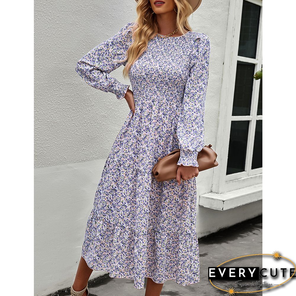 Purple Long Sleeve Pleated Midi Floral Dress