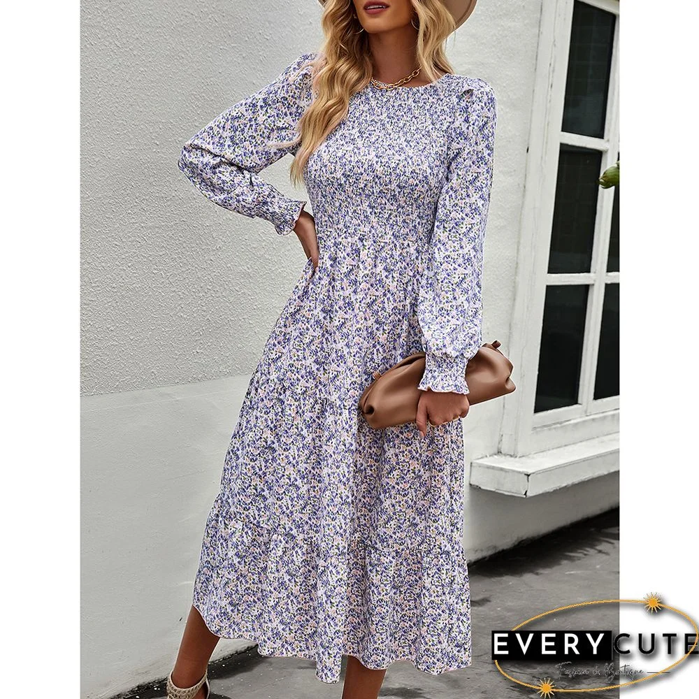 Purple Long Sleeve Pleated Midi Floral Dress