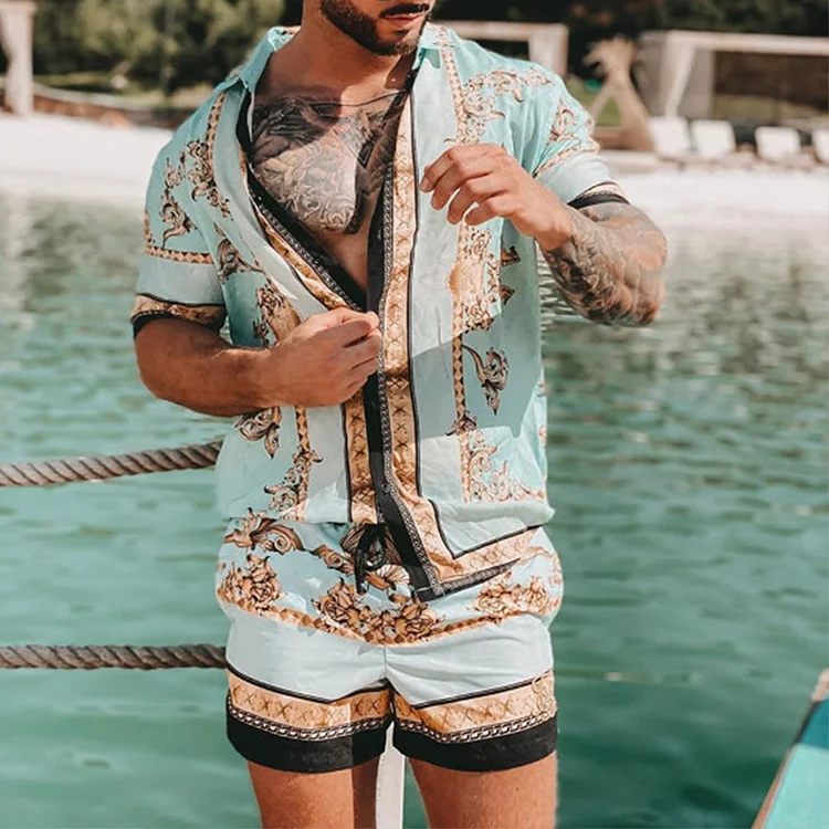 BrosWear Men'S Holiday Style Printed Shirt And Shorts Beach Set