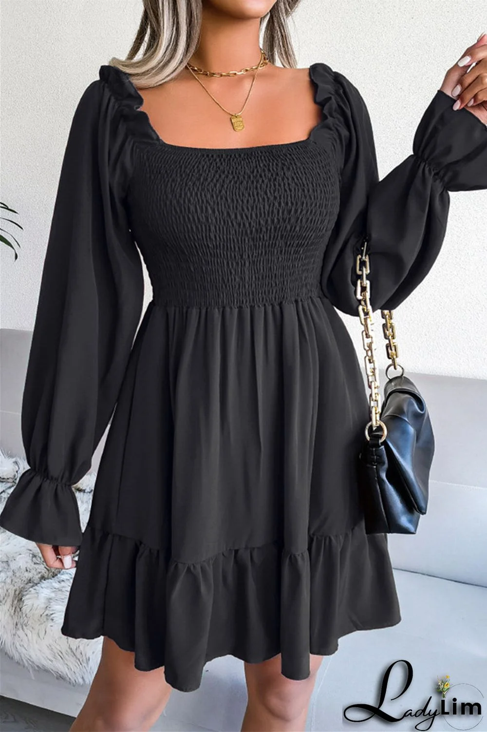 Burgundy Fashion Casual Solid Patchwork Square Collar Long Sleeve Dresses