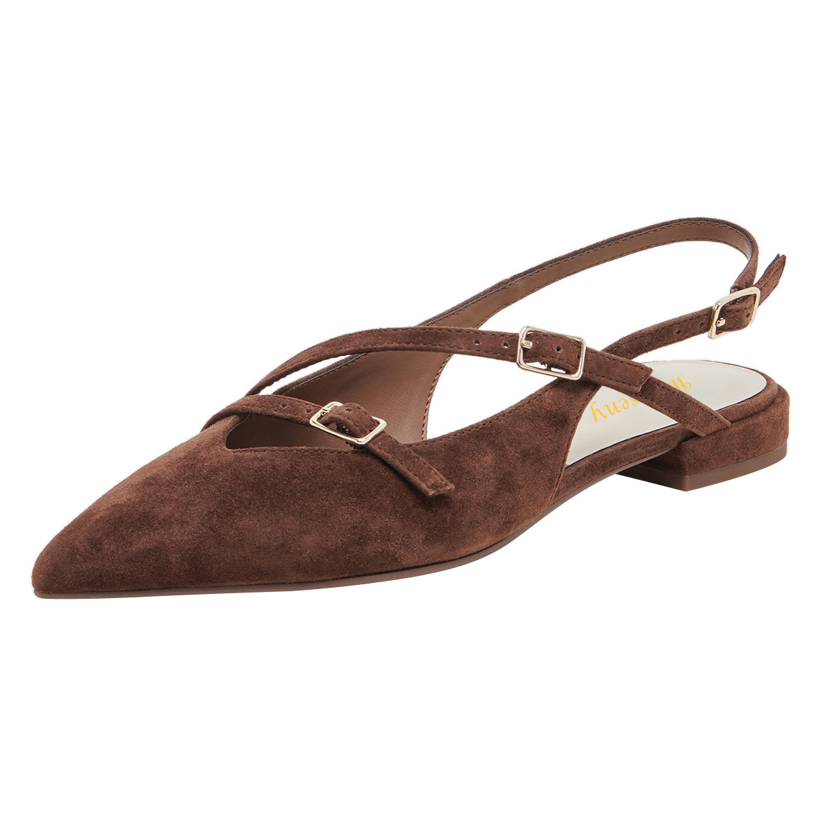 Brown Vegan Suede Pointed Toe Flat Slingback Shoes with Buckle Strappy Nicepairs