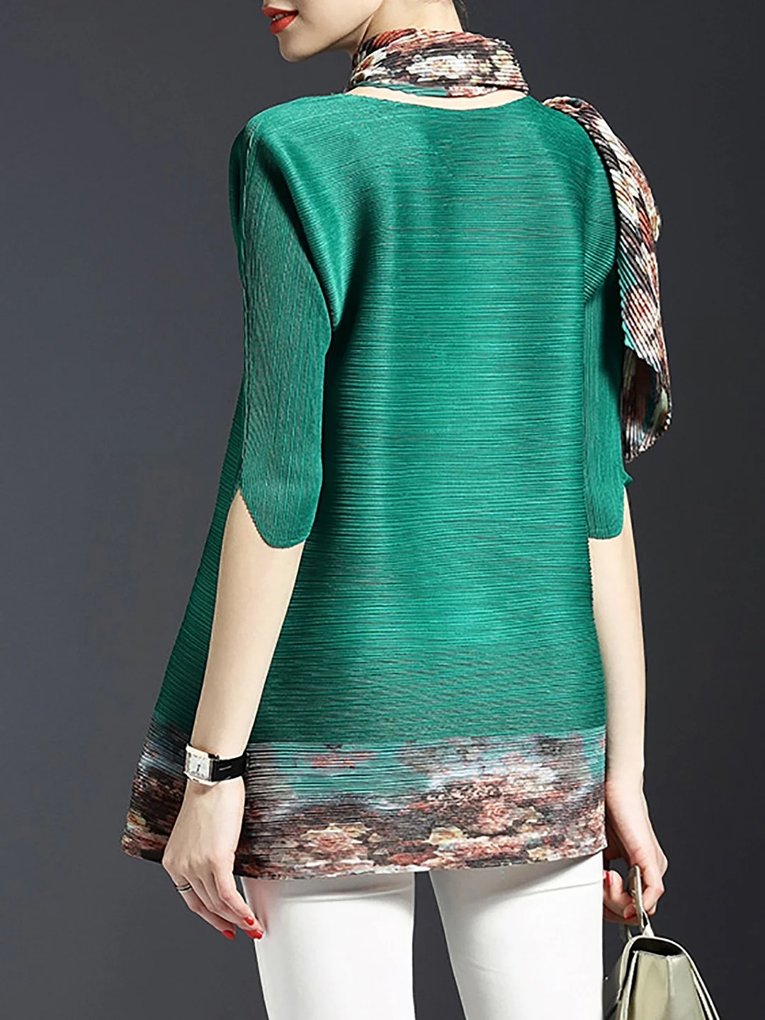 Printed Pleated Crew Neck 3/4 Sleeve Tunics