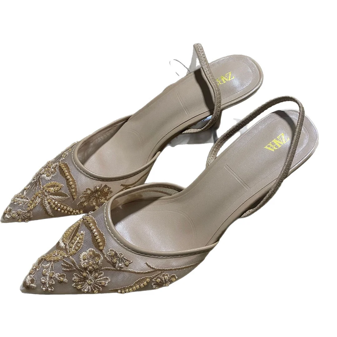 Breakj Breakj Spring New Pointed Thin-Heeled Mesh Buns High Heels Women's Lace Fragrant Wind Wear