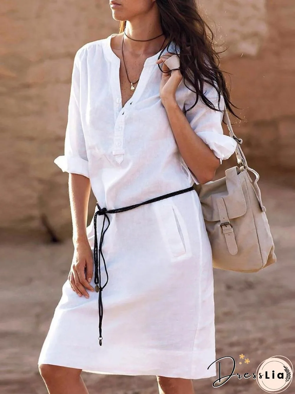 Linen Basic V-Neck Casual Dress