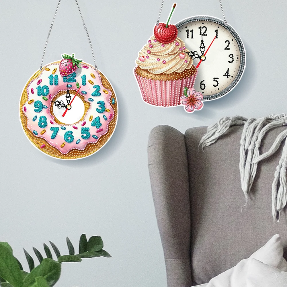 2Pcs Dessert DIY Diamond Painting Ornament with Clock Function Home Decor Art