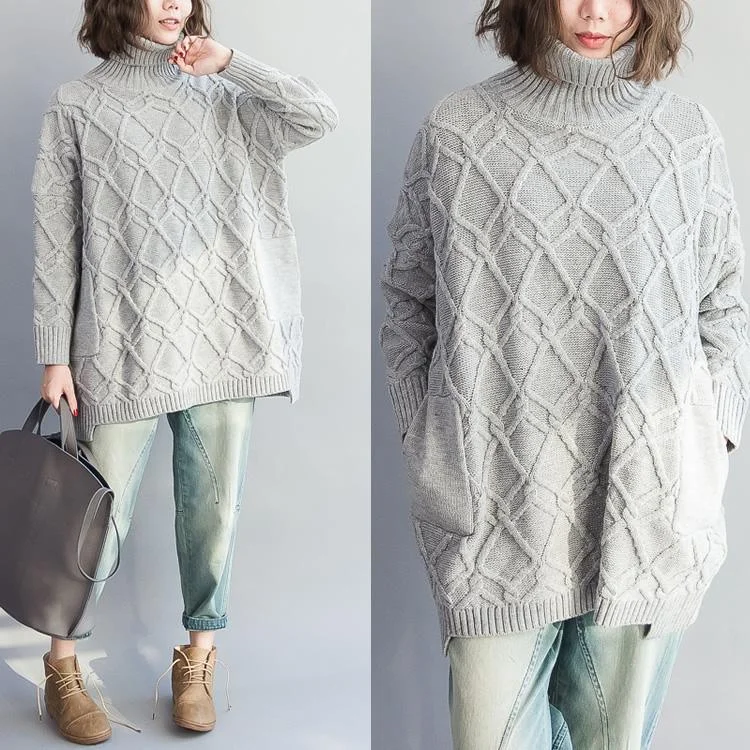 Light gray cable knit sweaters oversize knitted top woolen sweaters