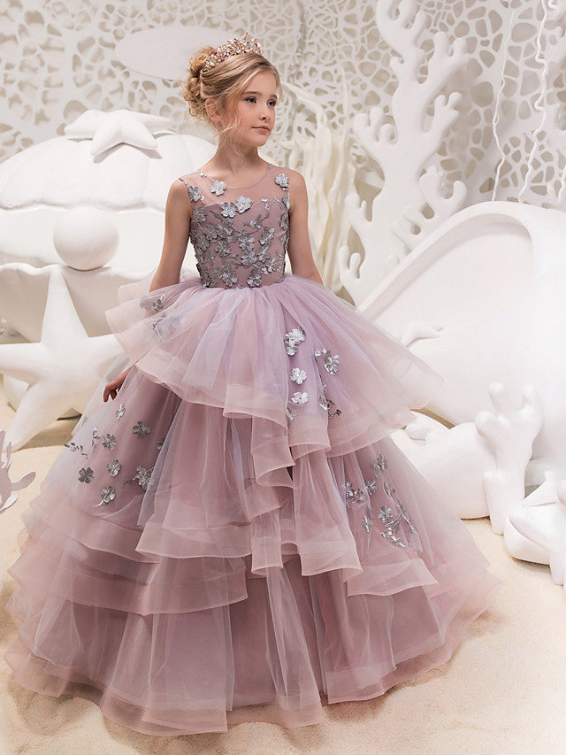 Oknass Sleeveless Jewel Neck Maxi Flower Girl Dress Lace Organza Tulle With Lace Appliques Buttons