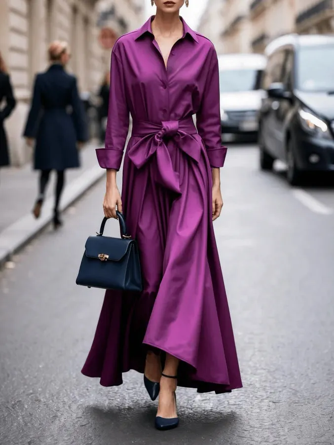 Elegant Long-sleeved Shirt-style Tie Maxi Dress