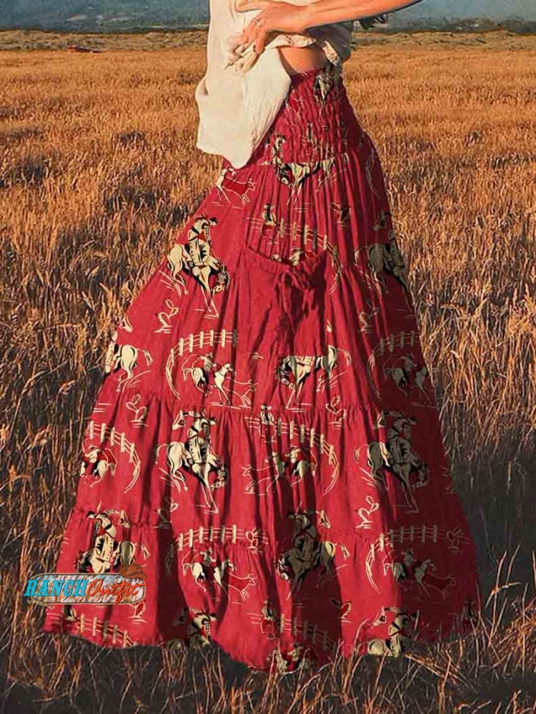Women’s Red Cowboy Vintage Print Cotton Pocket Skirt Multicolor / S