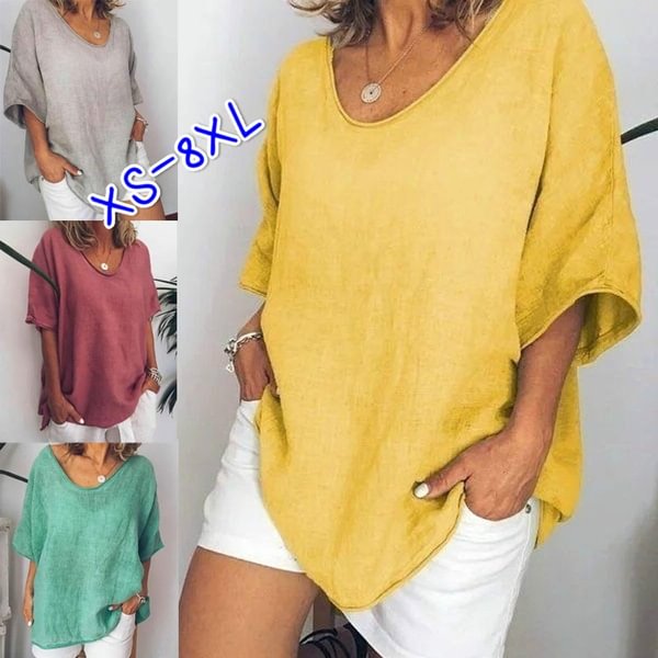 Plus Size Fashion Tops Summer Clothes Women's Casual Short Sleeve Shirts Solid Color Tops Ladies Beach Wear Loose Linen Blouses XS-8XL - Shop Trendy Women's Clothing | LoverChic