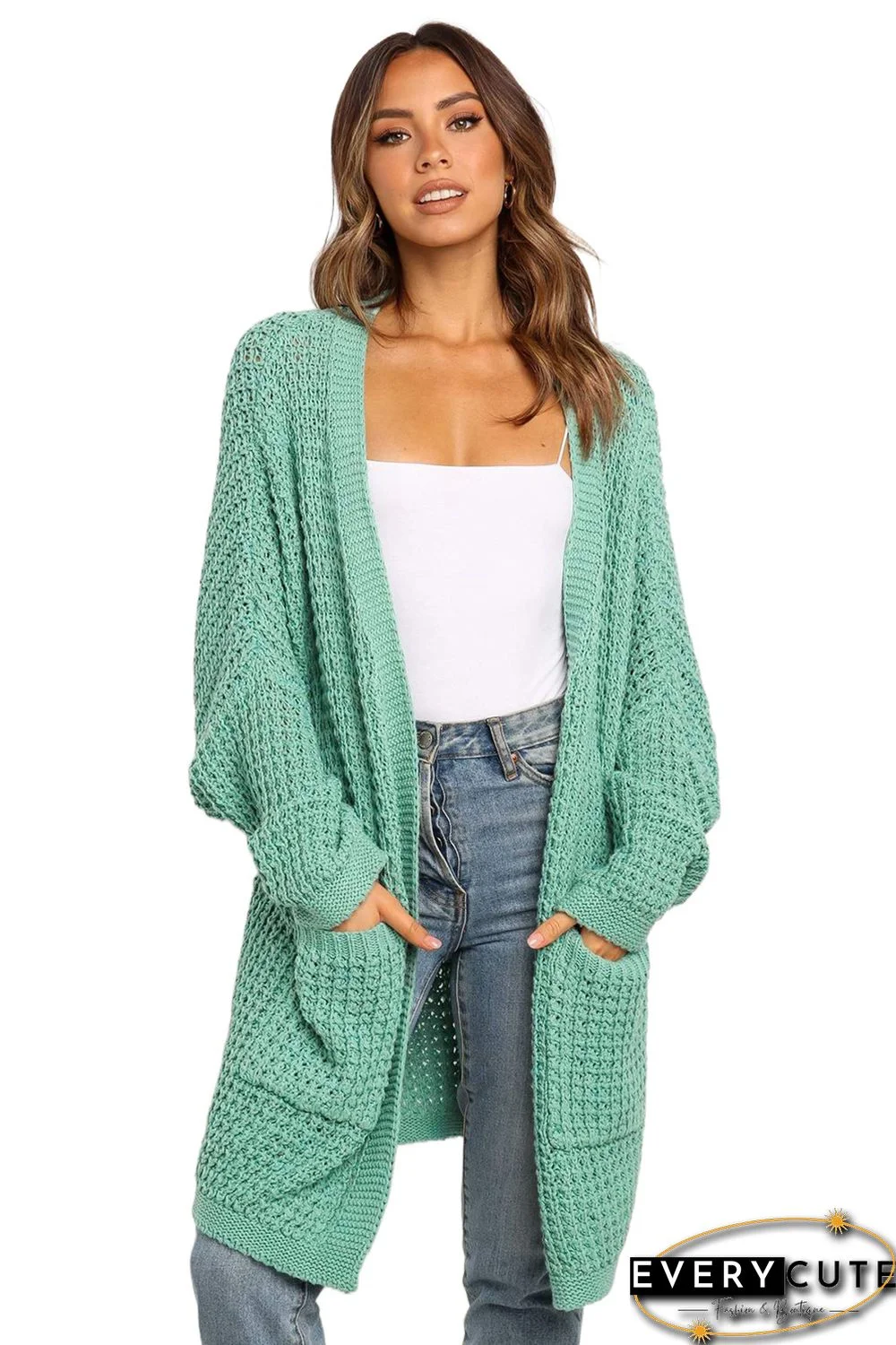 Green Long Line Open Front Knitted Cardigan with Pockets